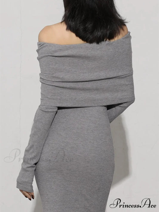 Charcoal Off Shoulder Overfold Modern Long Sleeve Long Dress
