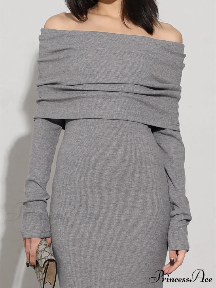 Charcoal Off Shoulder Overfold Modern Long Sleeve Long Dress
