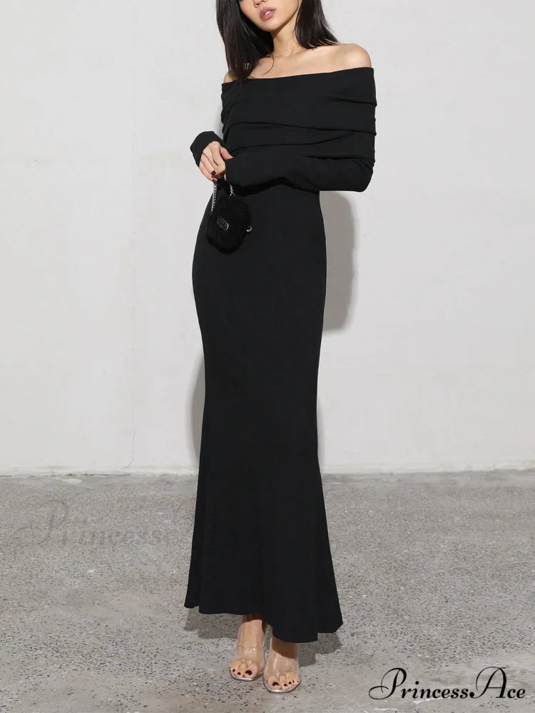 Charcoal Off Shoulder Overfold Modern Long Sleeve Long Dress Black / XS