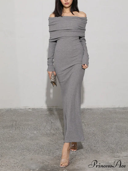 Charcoal Off Shoulder Overfold Modern Long Sleeve Long Dress Grey / XS
