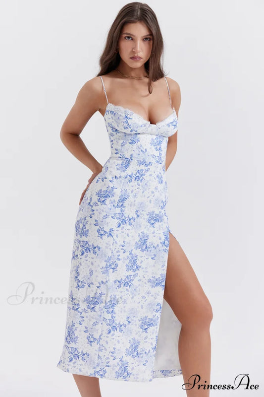 Charlotte Blue Print Charming Corset Midi Dress