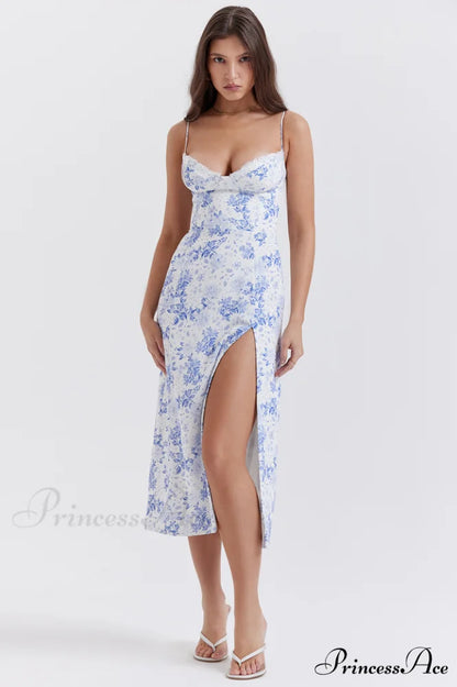 Charlotte Blue Print Charming Corset Midi Dress