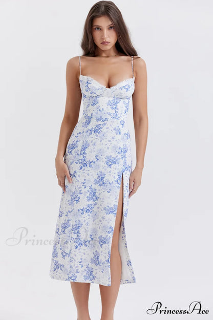 Charlotte Blue Print Charming Corset Midi Dress XS / Floral