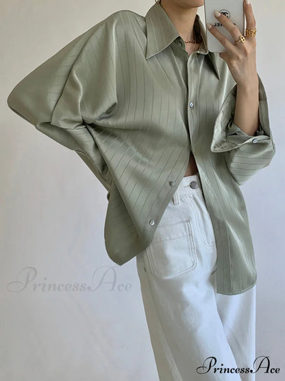 Charlotte Oversized Button Trendy Up Collared Shirt Green / XS