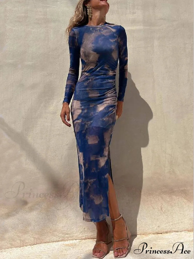 Charm Lady Mesh Overlay Tie Dye Modern Print Long Sleeve Ruched Stretch Midi Dress Blue / S