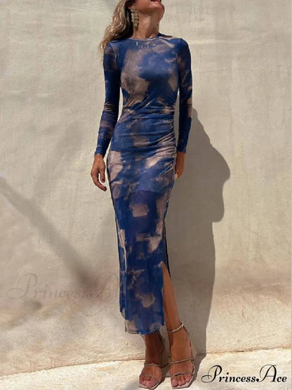 Charm Lady Mesh Overlay Tie Dye Modern Print Long Sleeve Ruched Stretch Midi Dress Blue / S
