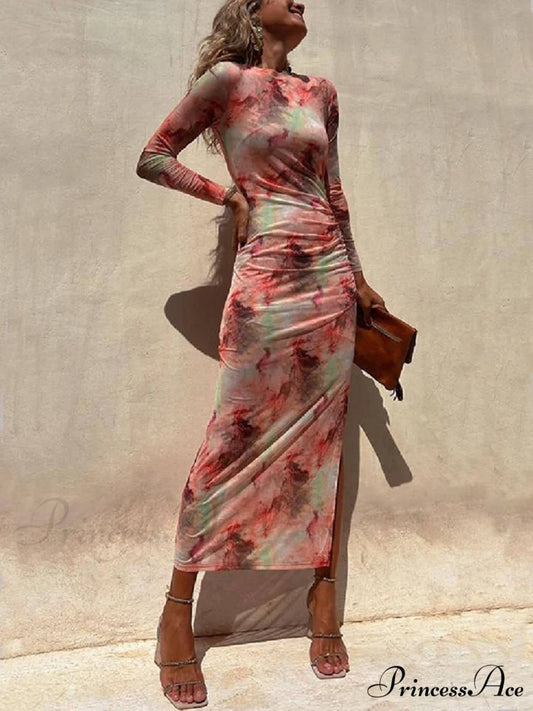 Charm Lady Mesh Overlay Tie Dye Modern Print Long Sleeve Ruched Stretch Midi Dress Pink / S