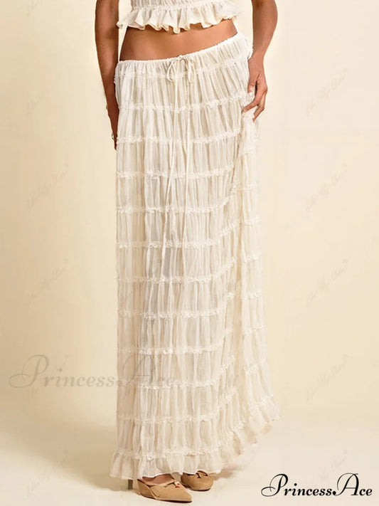 Charm Pleated Drawstring Charming Waist Tiered Maxi Skirt White-Maxi Skirt / S