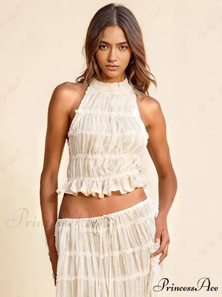Charm Pleated Drawstring Charming Waist Tiered Maxi Skirt White-Tank Top / S