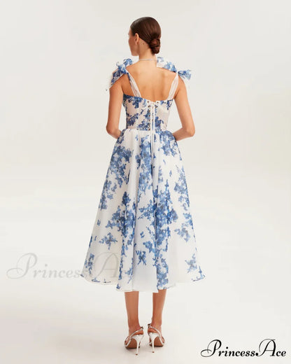 Charming Blue Hydrangea-Patterned Organza Graceful Midi Dress Garden Of Eden