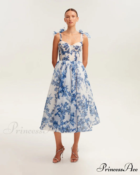 Charming Blue Hydrangea-Patterned Organza Graceful Midi Dress Garden Of Eden