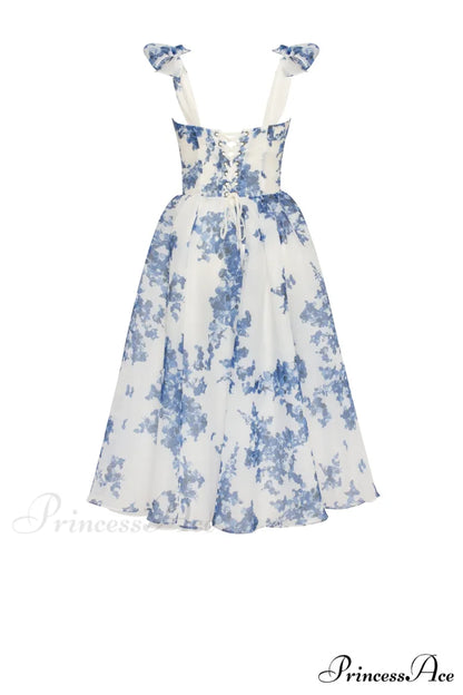 Charming Blue Hydrangea-Patterned Organza Graceful Midi Dress Garden Of Eden