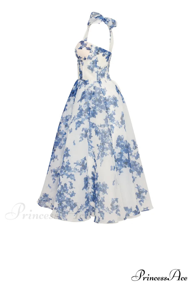 Charming Blue Hydrangea-Patterned Organza Graceful Midi Dress Garden Of Eden