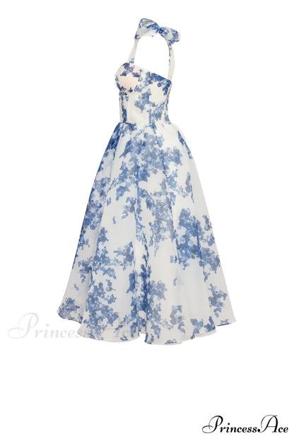 Charming Blue Hydrangea-Patterned Organza Graceful Midi Dress Garden Of Eden