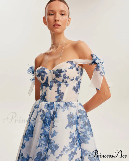 Charming Blue Hydrangea-Patterned Organza Graceful Midi Dress Garden Of Eden