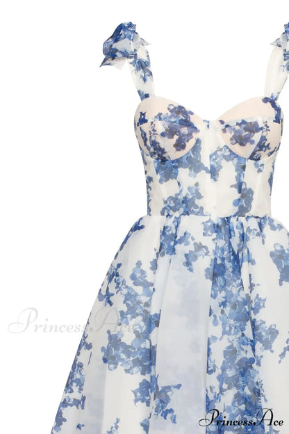 Charming Blue Hydrangea-Patterned Organza Graceful Midi Dress Garden Of Eden