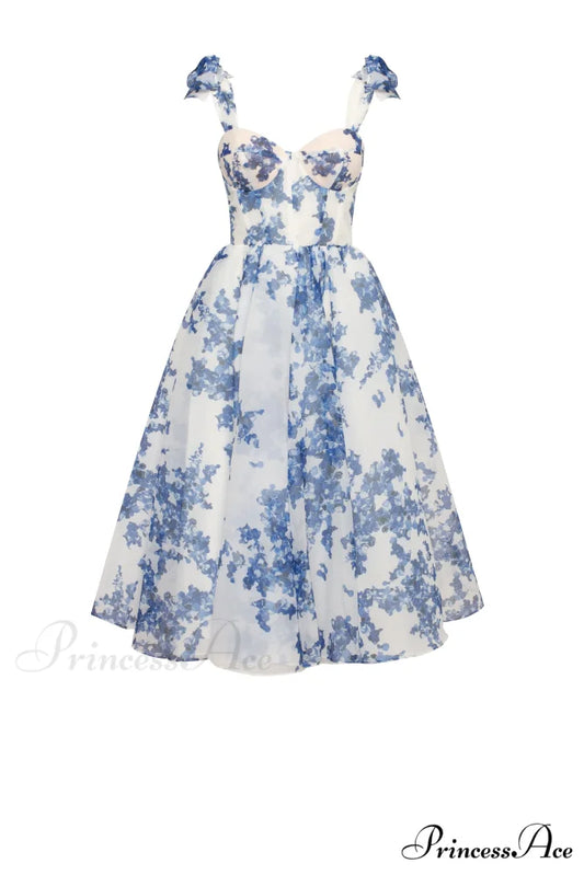 Charming Blue Hydrangea-Patterned Organza Graceful Midi Dress Garden Of Eden XXS / Blue-Navy