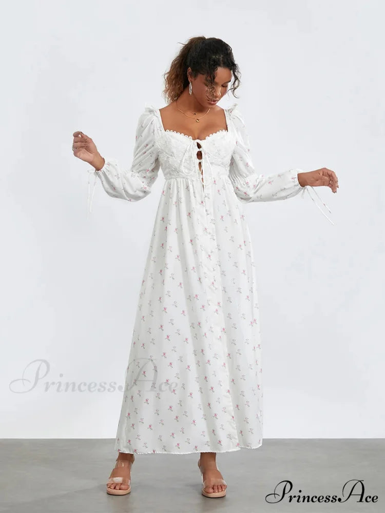 Charming Flower Pattern Puffed Sleeve Tall Split Flower Dress floraldress-250126
