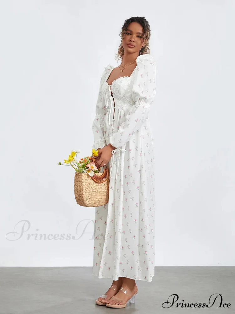 Charming Flower Pattern Puffed Sleeve Tall Split Flower Dress floraldress-250126