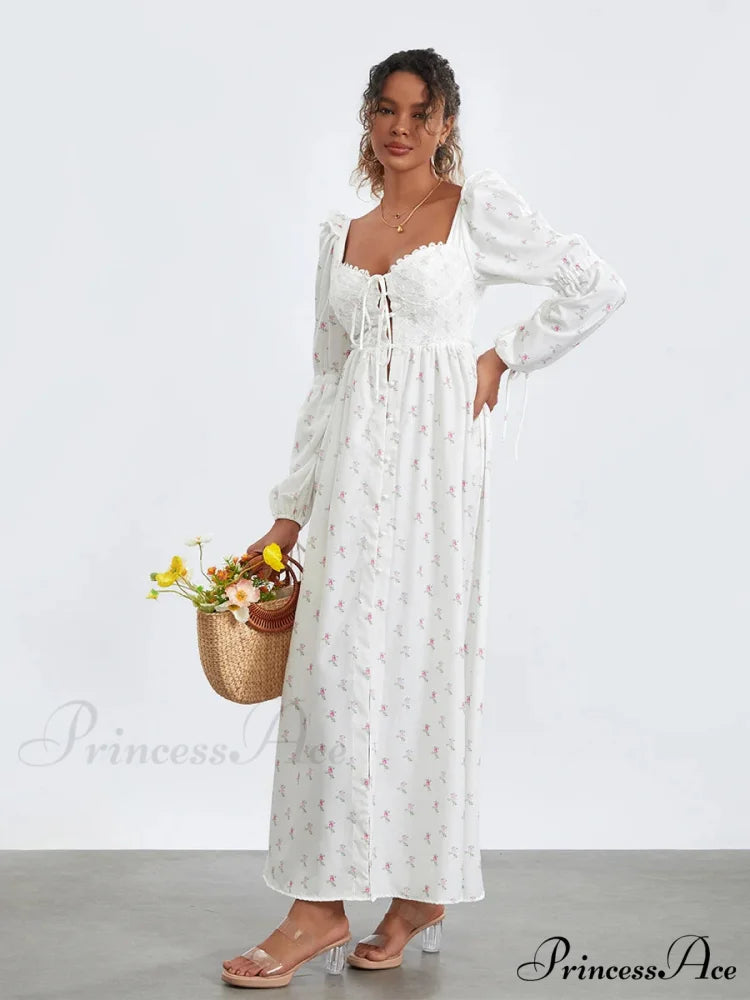 Charming Flower Pattern Puffed Sleeve Tall Split Flower Dress floraldress-250126