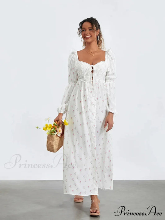 Charming Flower Pattern Puffed Sleeve Tall Split Flower Dress WHITE / S floraldress-250126