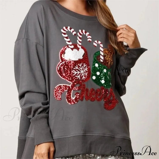 Charming Glitter Patchwork Vintage Harajuku Long Sleeve Christmas Hoodie GRAY / S Christmas Hoodies-L