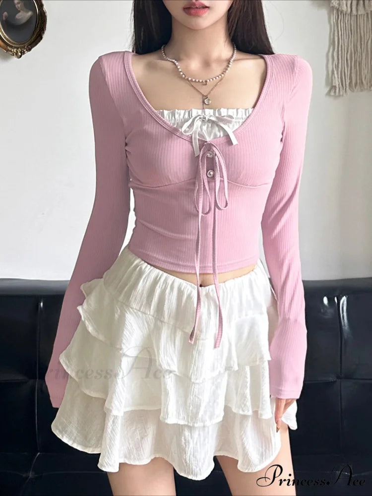 Charming Patchwork Bandage Slim Square Collar Knit Top Pink / S knittop-250126