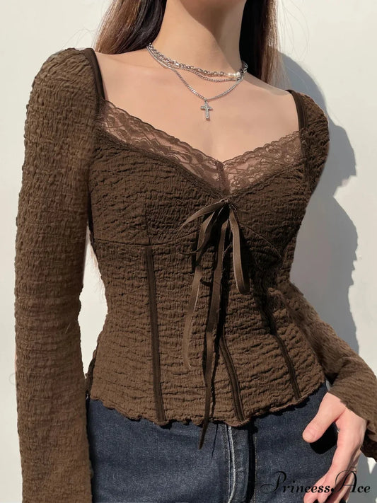Charming Patchwork Lace Trim Sleek Square Collar Extended Sleeve Knit Top Brown / S knittop-250126
