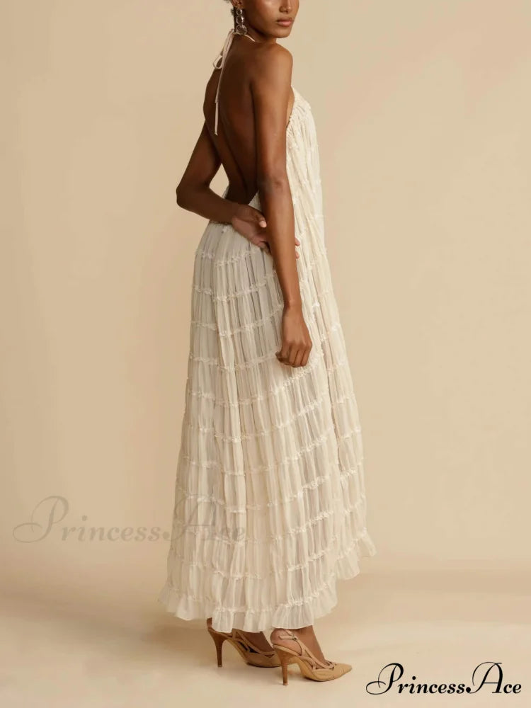 Charming Pleated Drawstring Waist Graceful Tiered Halterneck Midi Dress