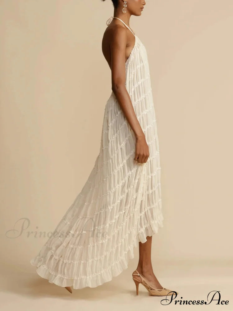 Charming Pleated Drawstring Waist Graceful Tiered Halterneck Midi Dress