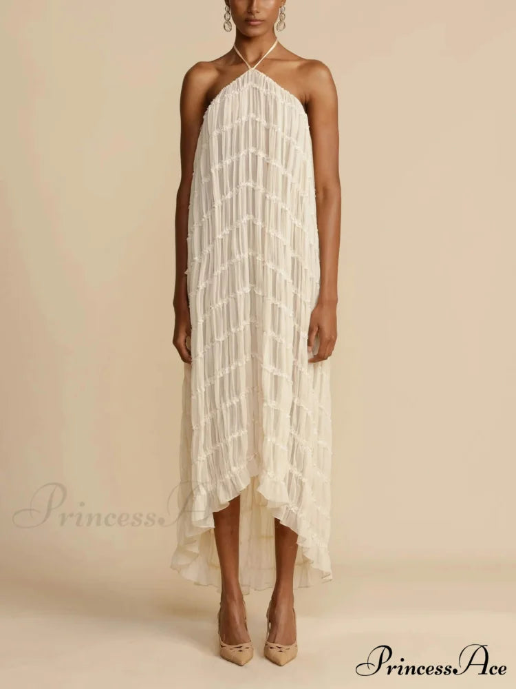 Charming Pleated Drawstring Waist Graceful Tiered Halterneck Midi Dress White / S