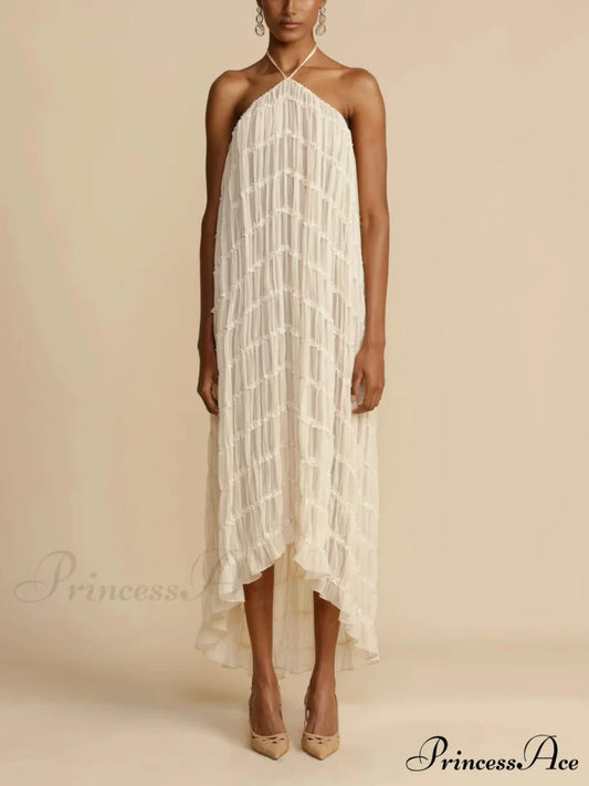 Charming Pleated Drawstring Waist Graceful Tiered Halterneck Midi Dress White / S