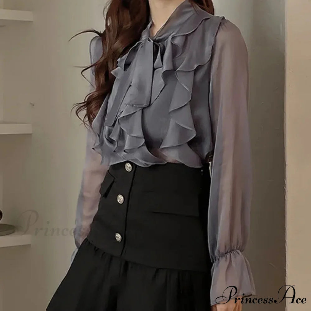 Charming Ribbon Chiffon Informal Extended Sleeve Blouse blouse-250126