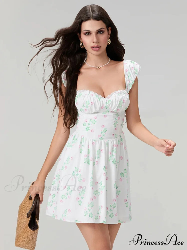 Charming Sophisticated Flower Corset Mini Lace Trim Deep V-Neck Backless A-Line Dress floraldress-250126
