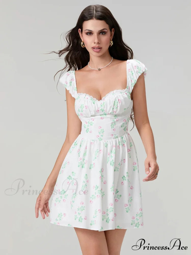 Charming Sophisticated Flower Corset Mini Lace Trim Deep V-Neck Backless A-Line Dress WHITE / S floraldress-250126
