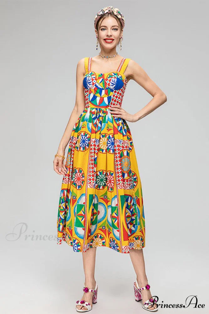 Chasing Sun Carretto Trendy Print Bustier Midi Dress