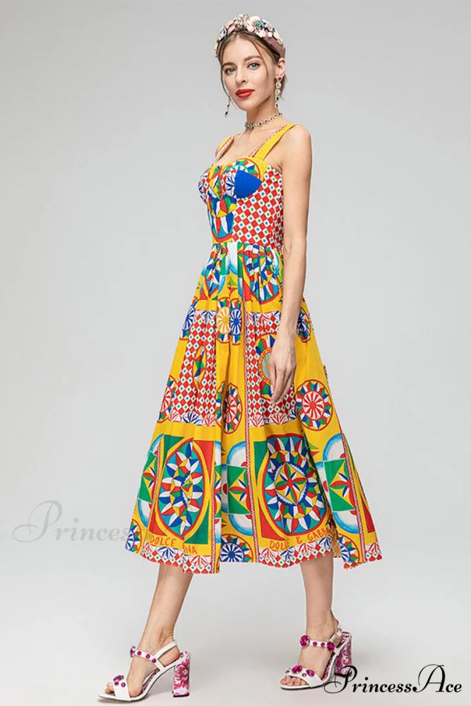 Chasing Sun Carretto Trendy Print Bustier Midi Dress