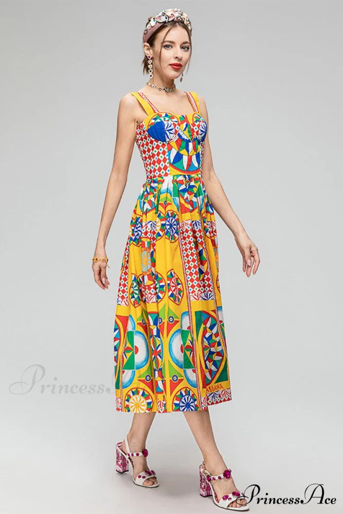 Chasing Sun Carretto Trendy Print Bustier Midi Dress