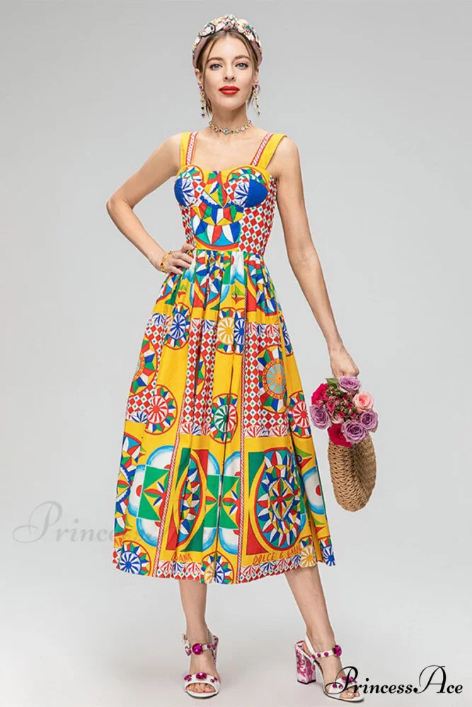 Chasing Sun Carretto Trendy Print Bustier Midi Dress