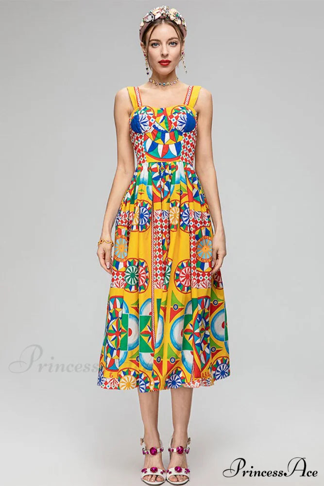 Chasing Sun Carretto Trendy Print Bustier Midi Dress Yellow / S