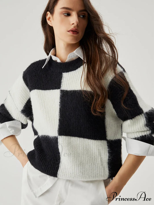 Check Colorblock Crew Trendy Neck Knit Sweater Black / S