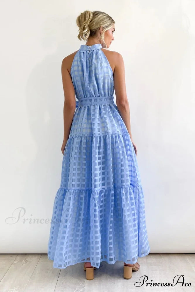 Check Halter Neck Charming Tie Waist Maxi Dress