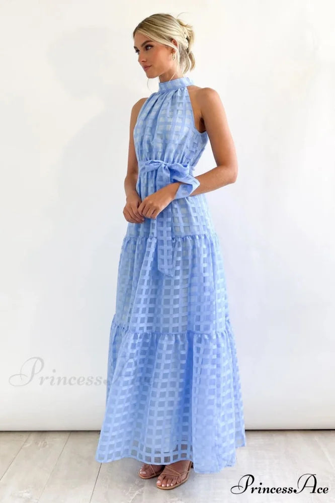 Check Halter Neck Charming Tie Waist Maxi Dress
