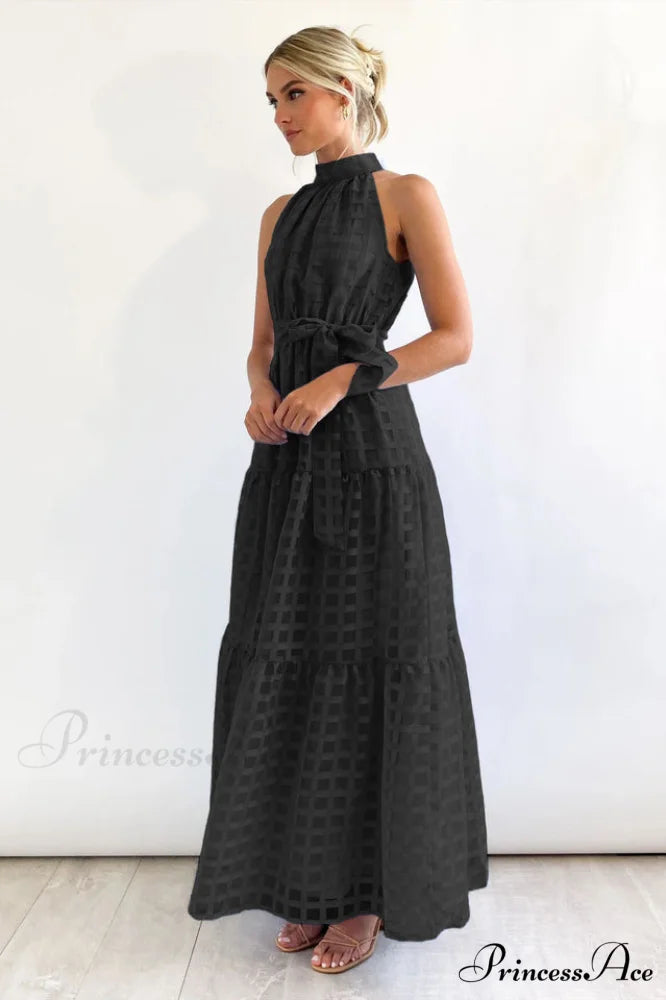 Check Halter Neck Charming Tie Waist Maxi Dress