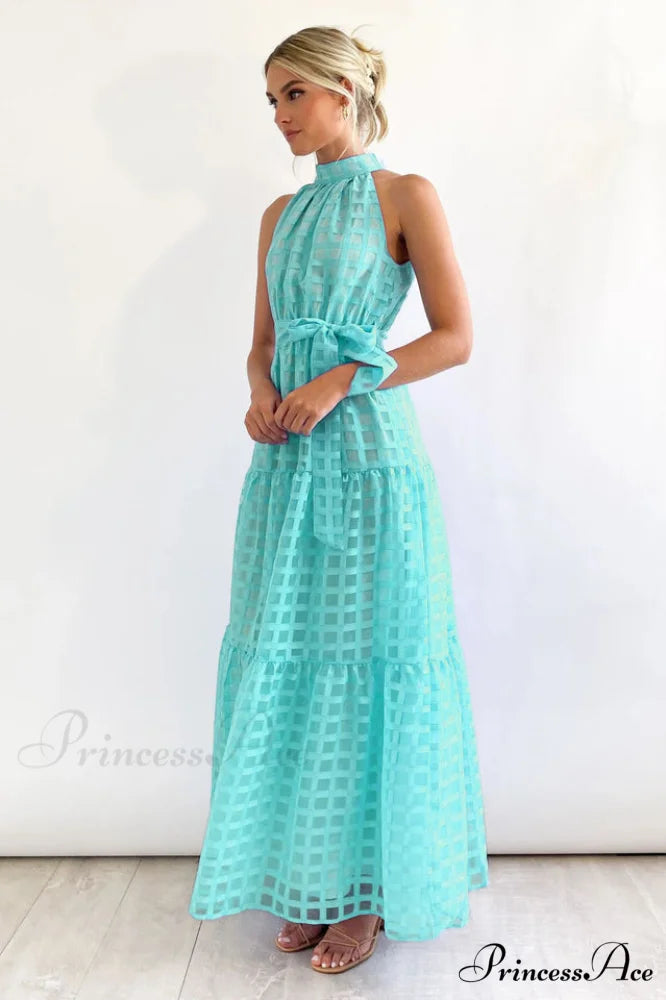 Check Halter Neck Charming Tie Waist Maxi Dress