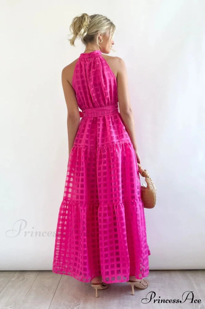 Check Halter Neck Charming Tie Waist Maxi Dress