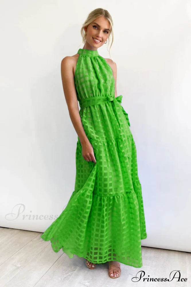 Check Halter Neck Charming Tie Waist Maxi Dress