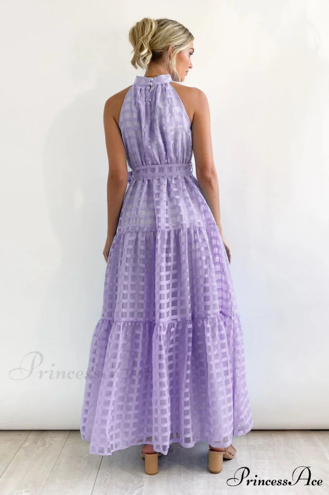 Check Halter Neck Charming Tie Waist Maxi Dress