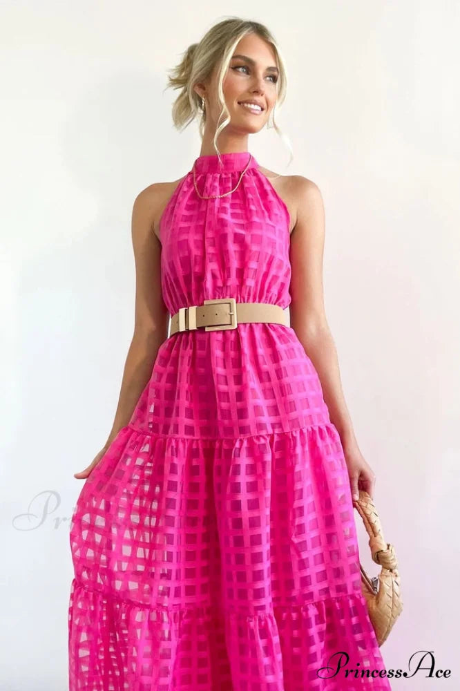 Check Halter Neck Charming Tie Waist Maxi Dress