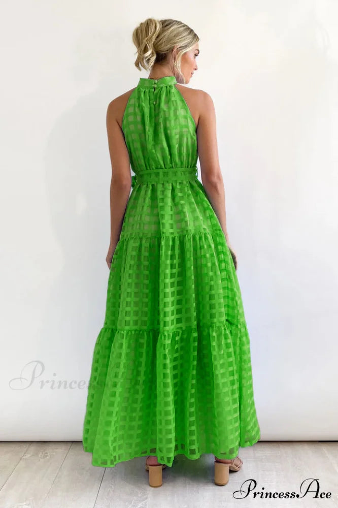 Check Halter Neck Charming Tie Waist Maxi Dress